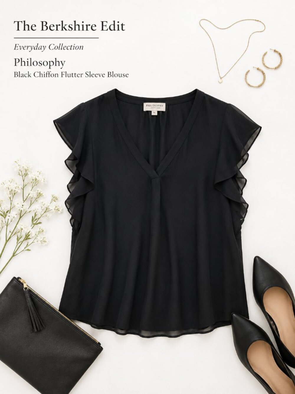 Philosophy Black Chiffon Flutter Sleeve V-Neck Blouse Flowy Top XL